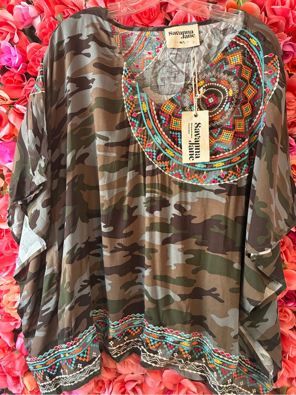 Savanna Jane Olive Green Camo Tunic with Colorful Embroidered Yoke